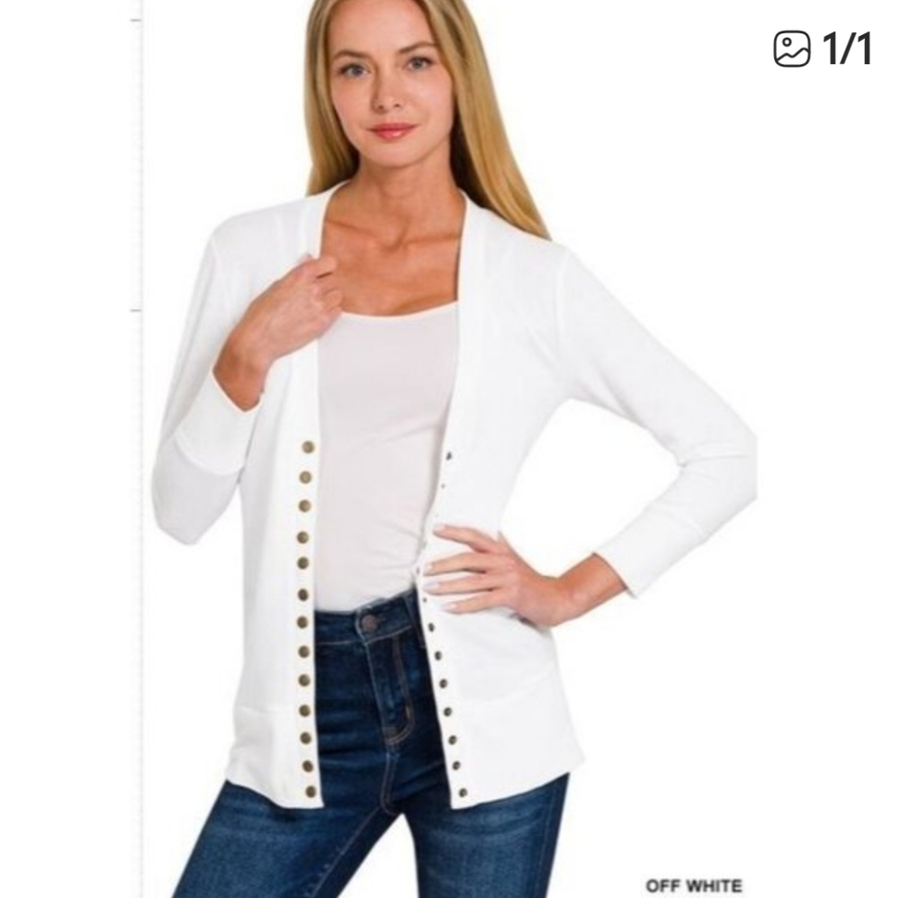 Zenana Off White Snap Button 3/4 Sleeve Sweater Cardigan Ribbed Trim Size 3X
